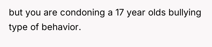 but you are condoning a 17 year olds bullying type...