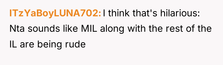 ITzYaBoyLUNA702 I think that's hilarious: Nta sounds like MIL along...