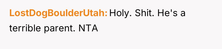 LostDogBoulderUtah Holy. Shit. He's a terrible parent. NTA