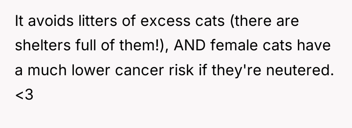 It avoids litters of excess cats (there are shelters full...