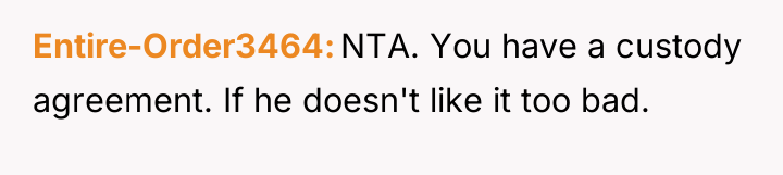 Entire-Order3464 NTA. You have a custody agreement. If he doesn't...