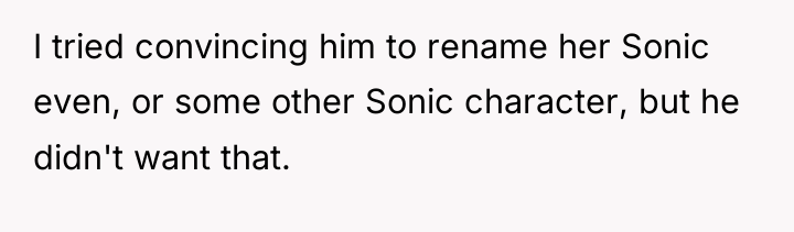 I tried convincing him to rename her Sonic even, or...