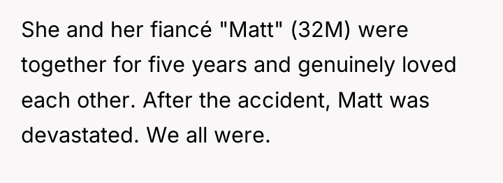 She and her fiancé "Matt" (32M) were together for five...
