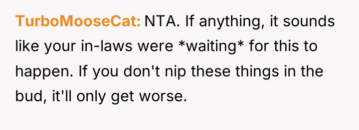 TurboMooseCat NTA. If anything, it sounds like your in-laws were...