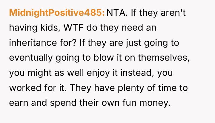 MidnightPositive485 NTA. If they aren't having kids, WTF do they...