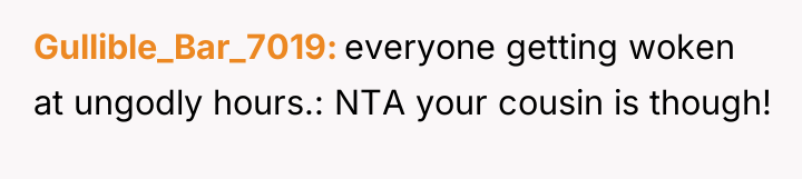 Gullible_Bar_7019 everyone getting woken at ungodly hours.: NTA your cousin...
