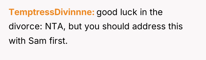 TemptressDivinnne good luck in the divorce: NTA, but you should...