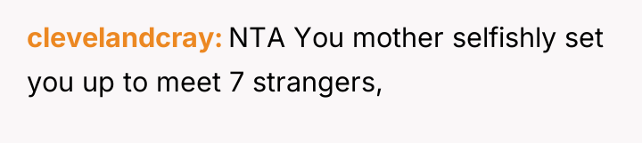 clevelandcray NTA You mother selfishly set you up to meet...