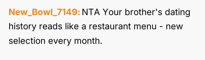 New_Bowl_7149 NTA Your brother's dating history reads like a restaurant...
