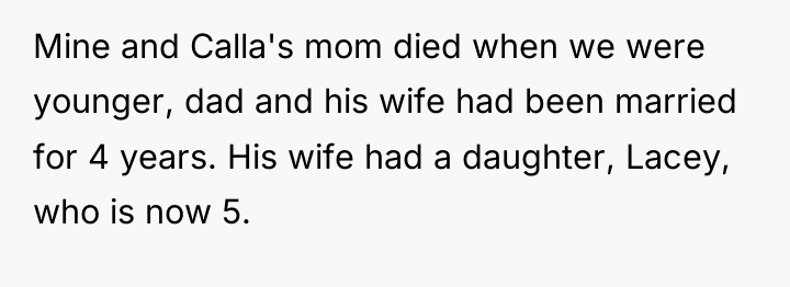 Mine and Calla's mom died when we were younger, dad...