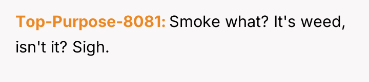 Top-Purpose-8081 Smoke what? It's weed, isn't it? Sigh.