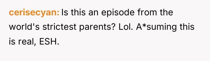 cerisecyan Is this an episode from the world's strictest parents?...