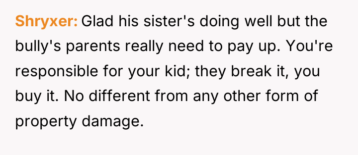 Shryxer Glad his sister's doing well but the bully's parents...
