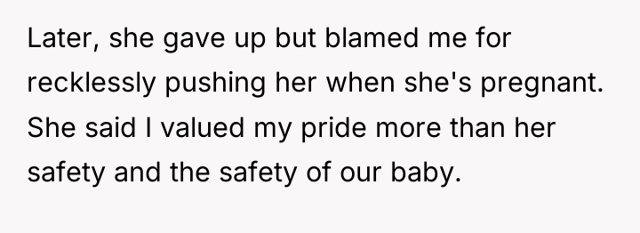 Later, she gave up but blamed me for recklessly pushing...