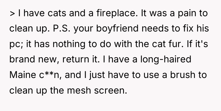 > I have cats and a fireplace. It was a...