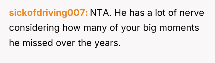 sickofdriving007 NTA. He has a lot of nerve considering how...