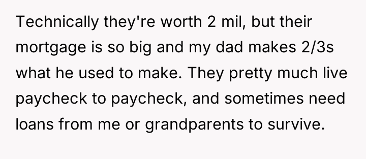 Technically they're worth 2 mil, but their mortgage is so...