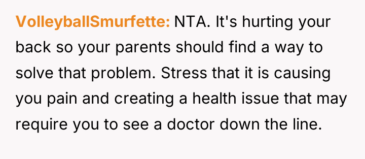 VolleyballSmurfette NTA. It's hurting your back so your parents should...