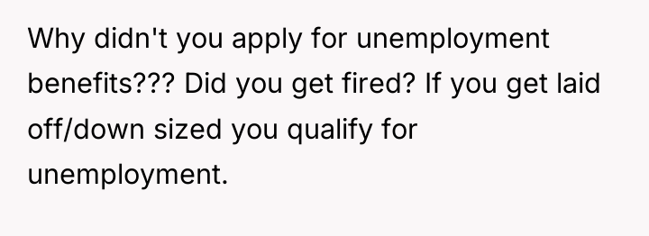 Why didn't you apply for unemployment benefits??? Did you get...