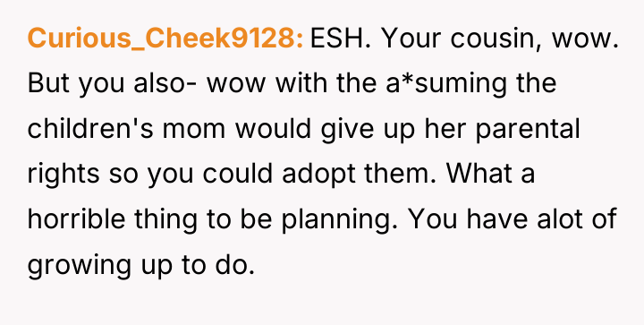 Curious_Cheek9128 ESH. Your cousin, wow. But you also- wow with...