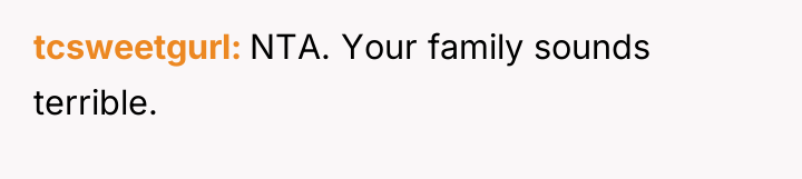 tcsweetgurl NTA. Your family sounds terrible.