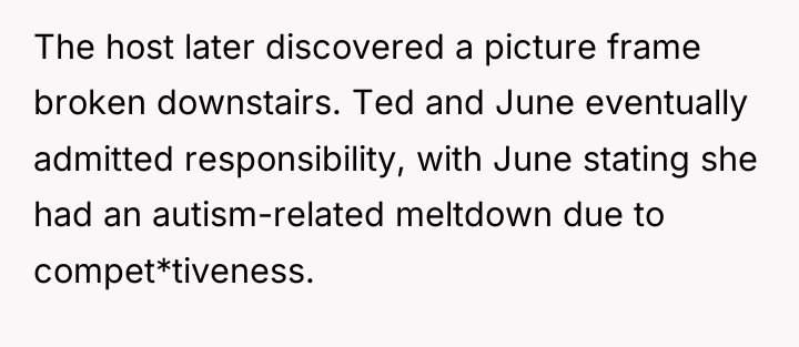 The host later discovered a picture frame broken downstairs. Ted...