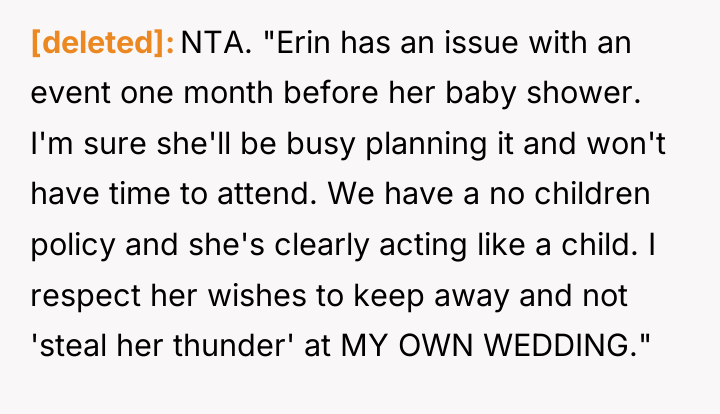 [deleted] NTA. "Erin has an issue with an event one...
