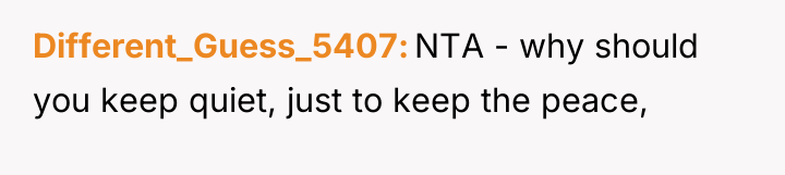 Different_Guess_5407 NTA - why should you keep quiet, just to...