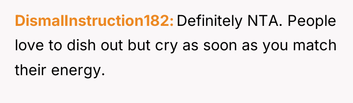 DismalInstruction182 Definitely NTA. People love to dish out but cry...