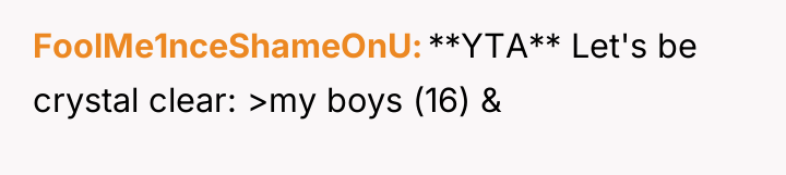 FoolMe1nceShameOnU **YTA** Let's be crystal clear: >my boys (16) &