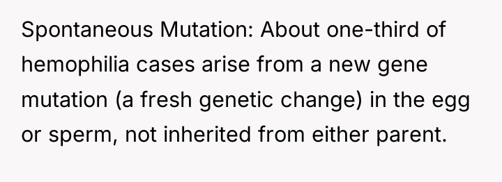 Spontaneous Mutation: About one-third of hemophilia cases arise from a...