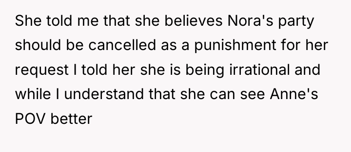 She told me that she believes Nora's party should be...
