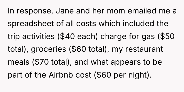 In response, Jane and her mom emailed me a spreadsheet...