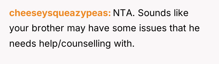 cheeseysqueazypeas NTA. Sounds like your brother may have some issues...