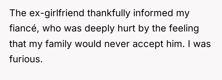 The ex-girlfriend thankfully informed my fiancé, who was deeply hurt...