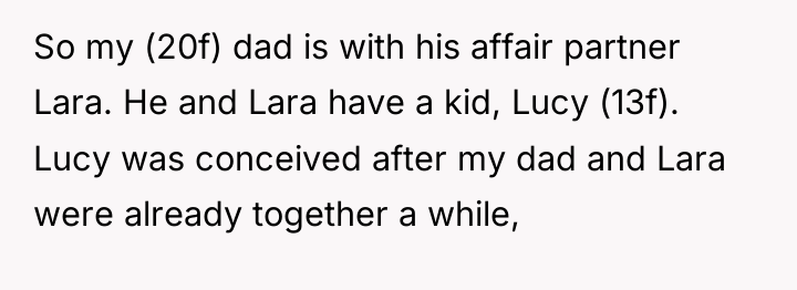 So my (20f) dad is with his affair partner Lara....