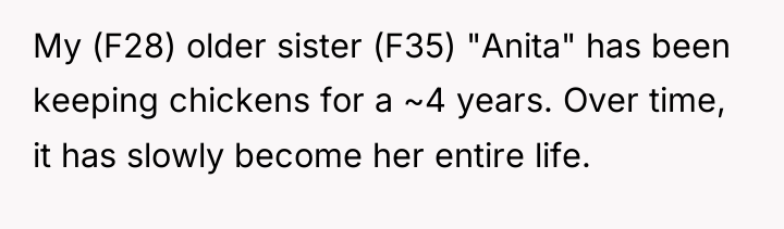 My (F28) older sister (F35) "Anita" has been keeping chickens...