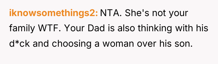 iknowsomethings2 NTA. She's not your family WTF. Your Dad is...