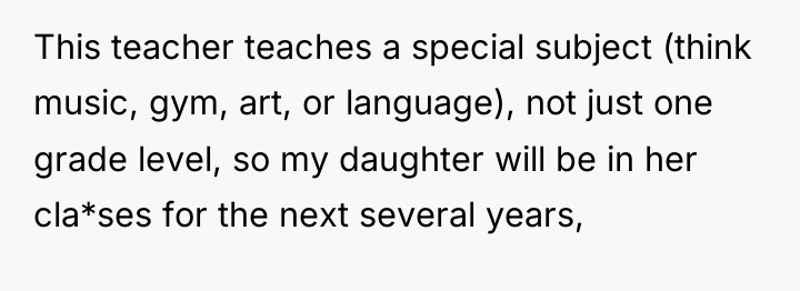 This teacher teaches a special subject (think music, gym, art,...