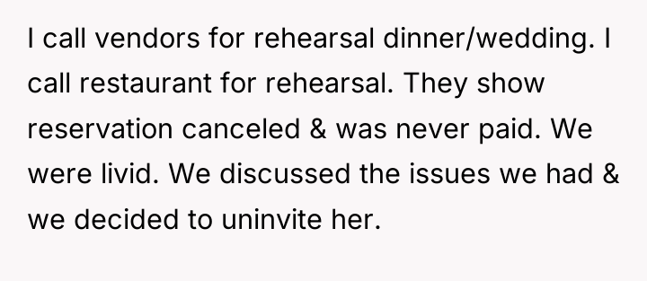 I call vendors for rehearsal dinner/wedding. I call restaurant for...