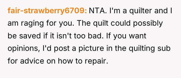 fair-strawberry6709 NTA. I'm a quilter and I am raging for...