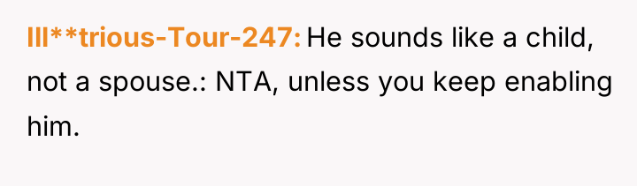 Ill**trious-Tour-247 He sounds like a child, not a spouse.: NTA,...