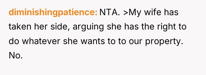diminishingpatience NTA. >My wife has taken her side, arguing she...