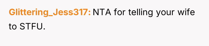 Glittering_Jess317 NTA for telling your wife to STFU.