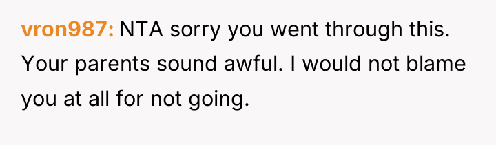 vron987 NTA sorry you went through this. Your parents sound...