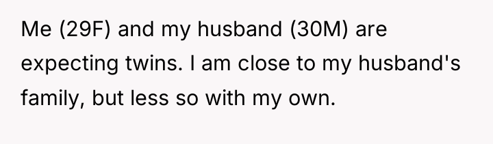 Me (29F) and my husband (30M) are expecting twins. I...