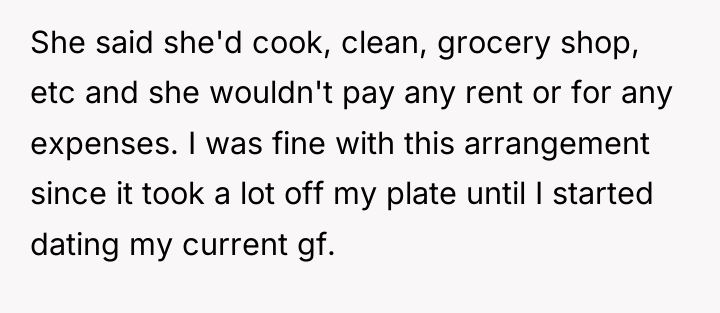She said she'd cook, clean, grocery shop, etc and she...