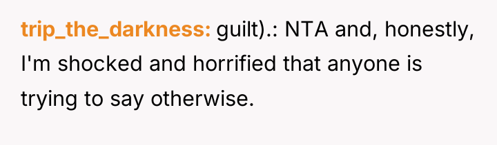 trip_the_darkness guilt).: NTA and, honestly, I'm shocked and horrified that...