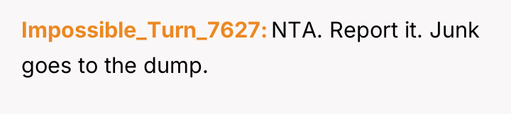 Impossible_Turn_7627 NTA. Report it. Junk goes to the dump.