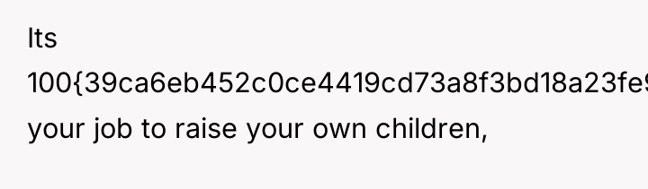Its 100{39ca6eb452c0ce4419cd73a8f3bd18a23fe95ab4febb092bc2ab1b542eeea82f} your job to raise your own children,
